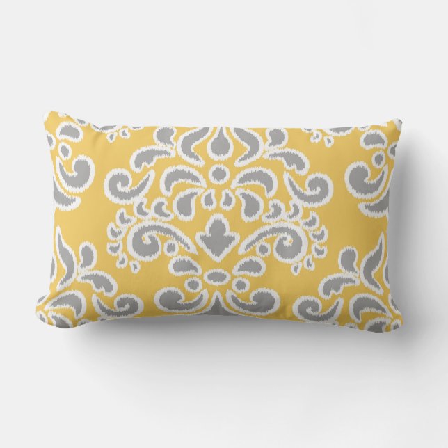 Ikat Floral Damask Grey and Yellow Lumbar Pillow (Front)