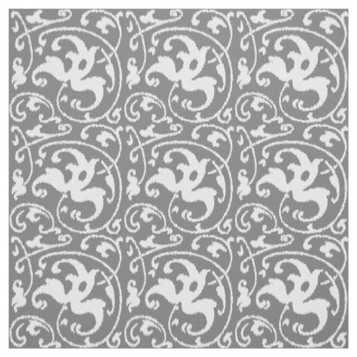 Ikat Floral Damask Grey / Gray and White Fabric