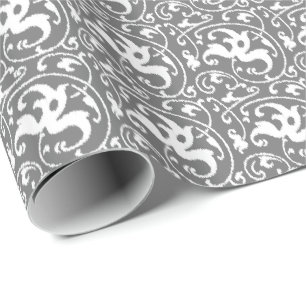 Ikat Floral Damask - Grey / Gray and White Wrapping Paper