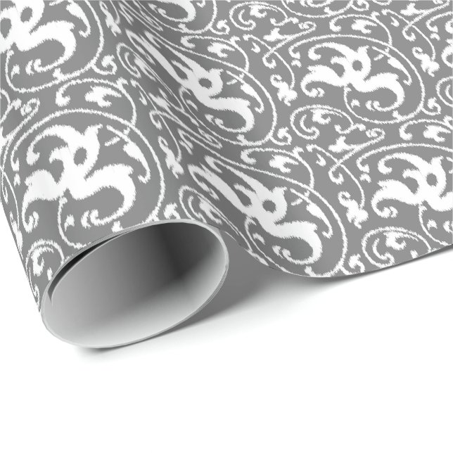 Ikat Floral Damask - Grey / Gray and White Wrapping Paper (Roll Corner)