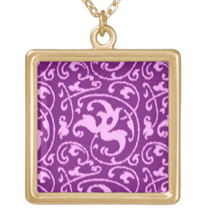 Ikat Floral Damask - Orchid and Purple Gold Plated Necklace