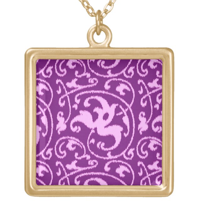 Ikat Floral Damask - Orchid and Purple Gold Plated Necklace (Front)