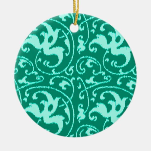 Ikat Floral Damask _ Turquoise and Aqua Ceramic Ornament