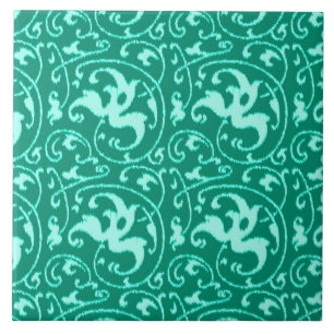 Ikat Floral Damask - Turquoise and Aqua Ceramic Tile