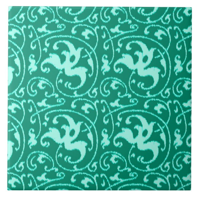 Ikat Floral Damask - Turquoise and Aqua Ceramic Tile (Front)