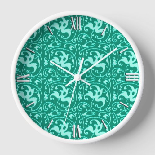 Ikat Floral Damask _ Turquoise and Aqua Wall Clock