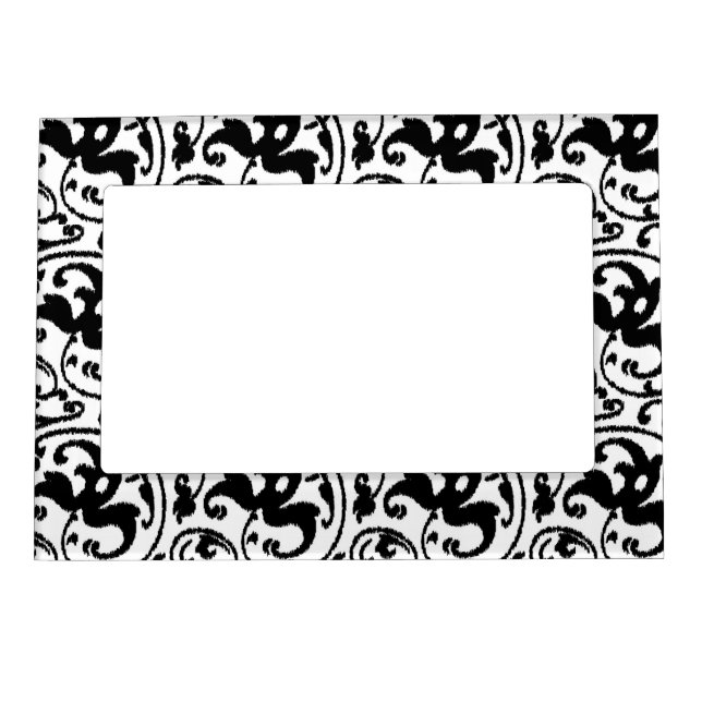 Ikat Floral Damask - White and Black Magnetic Picture Frame (Front)