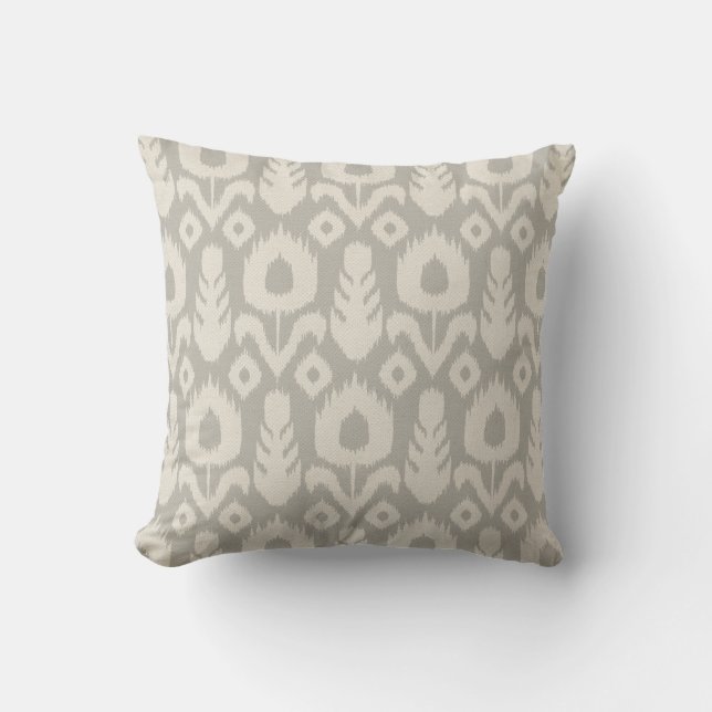 Ikat Floral Pattern Light Grey and Natural Throw Pillow (Front)