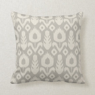 Ikat Floral Pattern Light Grey and Natural Throw Pillow