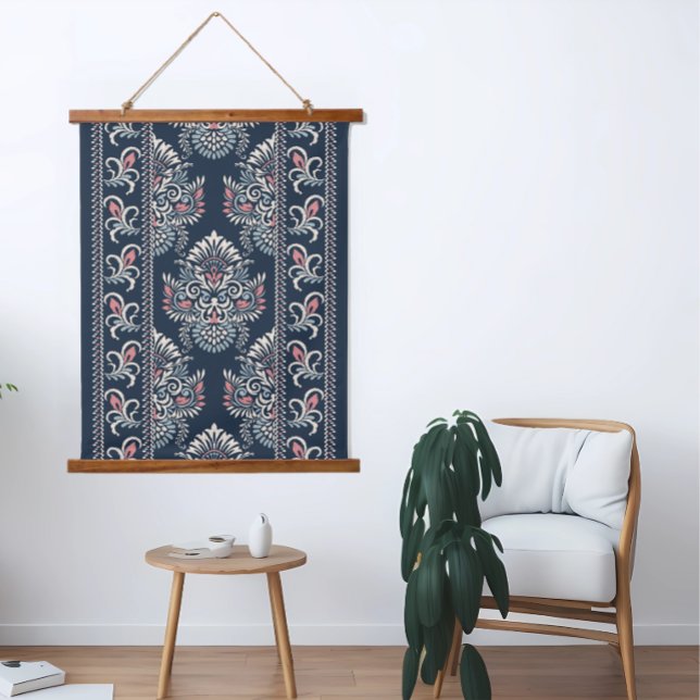 Ikat Floral Pattern White Pink Blue Hanging Tapestry (Creator Uploaded)