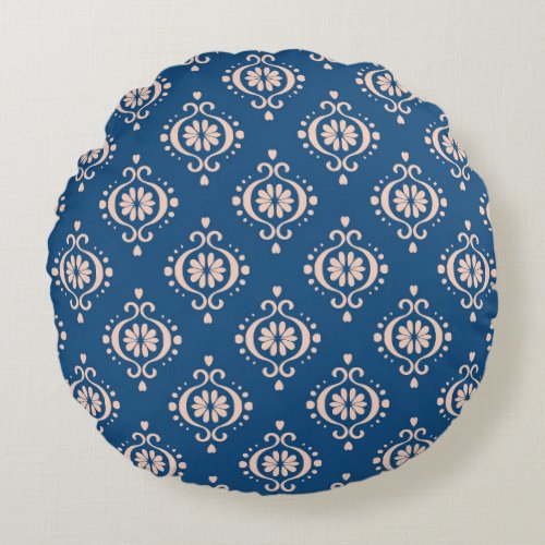 Ikat Geometric Folklore Damask Ornament Round Pillow
