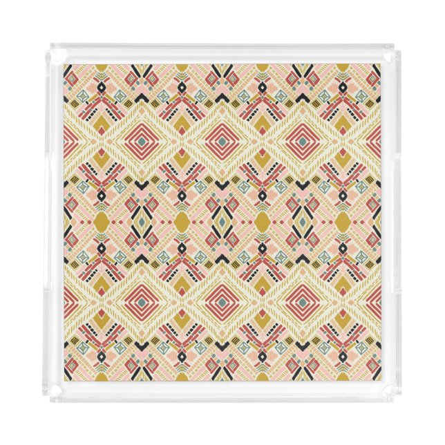 Ikat geometric folklore, oriental damask pattern. acrylic tray (Front)