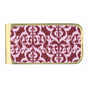 Ikat Moorish Damask - burgundy and pink. Gold Finish Money Clip