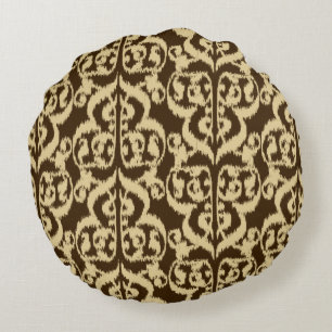 Ikat Moorish Damask - chocolate brown and tan Round Pillow