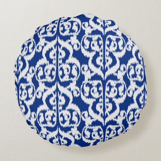 Ikat Moorish Damask - cobalt blue and white Round Pillow (Back)