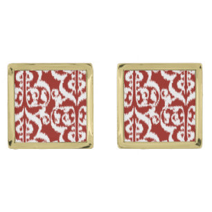 Ikat Moorish Damask - dark red and white Gold Cufflinks