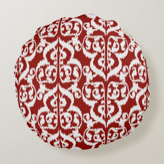 Ikat Moorish Damask - dark red and white Round Pillow (Back)