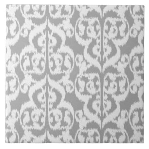 Ikat Moorish Damask - silver gray and white Tile