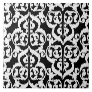 Ikat Moorish Damask - white and black Ceramic Tile