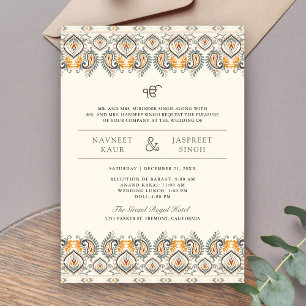 Ikat Paisley Border Cream Anand Karaj Sikh Wedding Invitation