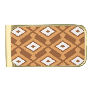 Ikat Pattern - Brown, Rust and Cream Gold Finish Money Clip