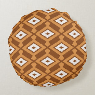 Ikat Pattern - Brown, Rust and Cream Round Pillow