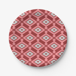 Ikat Pattern - Burgundy, Grey and Coral Paper Plates