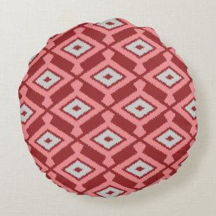 Ikat Pattern - Burgundy, Grey and Coral Round Pillow
