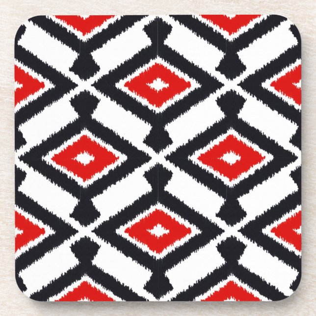 Ikat Pattern - Dark Red, Black and White Beverage Coaster (Front)