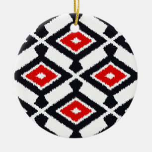 Ikat Pattern - Dark Red, Black and White Ceramic Ornament