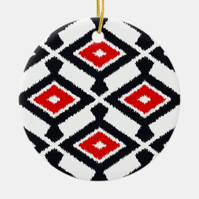 Ikat Pattern - Dark Red, Black and White Ceramic Ornament (Front)
