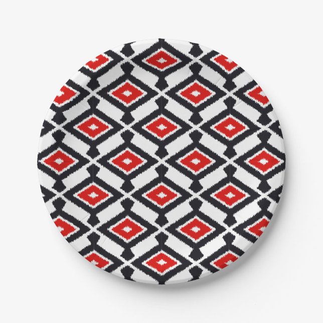 Ikat Pattern - Dark Red, Black and White Paper Plates (Front)