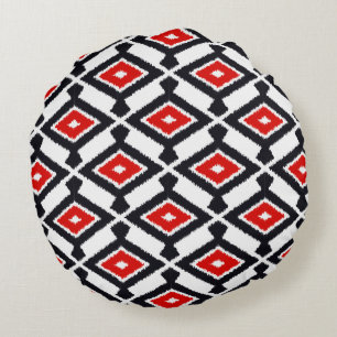 Ikat Pattern - Dark Red, Black and White Round Pillow