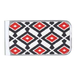 Ikat Pattern - Dark Red, Black and White Silver Finish Money Clip