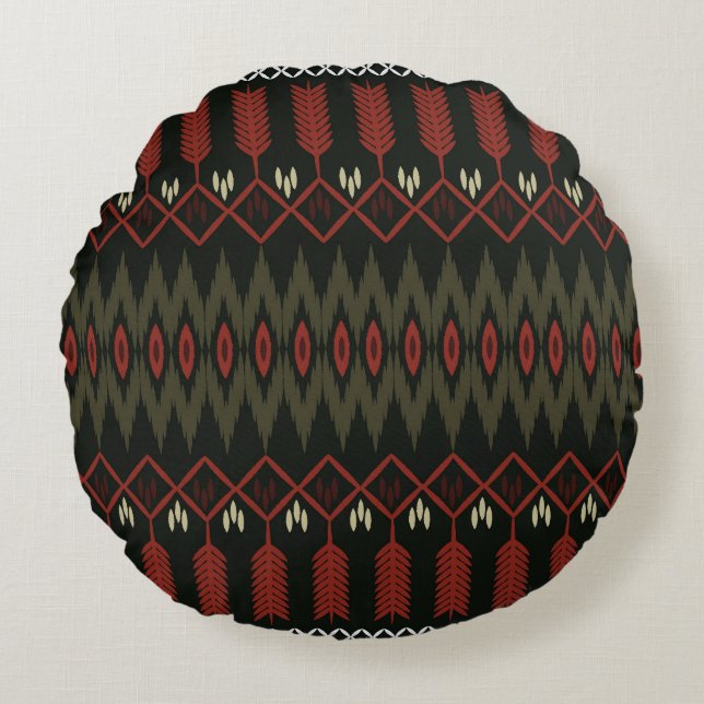 Ikat Pattern: Geometric Ethnic Ornament Round Pillow (Front)