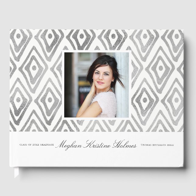 Ikat Pattern Graduation Guest Book | Silver (Front)