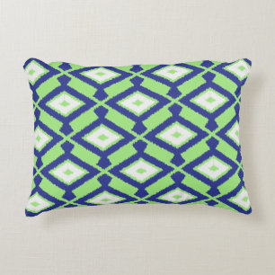 Ikat Pattern - Green, Indigo Blue and White Accent Pillow