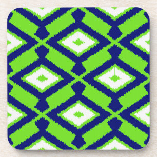 Ikat Pattern - Green, Indigo Blue and White Beverage Coaster