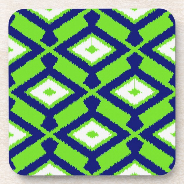 Ikat Pattern - Green, Indigo Blue and White Beverage Coaster (Front)