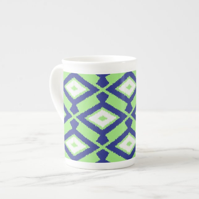 Ikat Pattern - Green, Indigo Blue and White Bone China Mug (Front Left)
