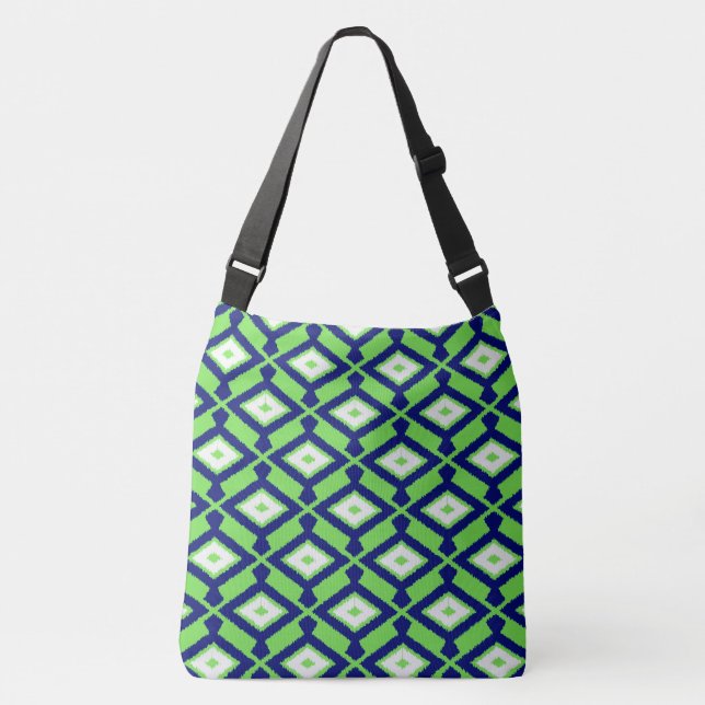 Ikat Pattern - Green, Indigo Blue and White Crossbody Bag (Front)