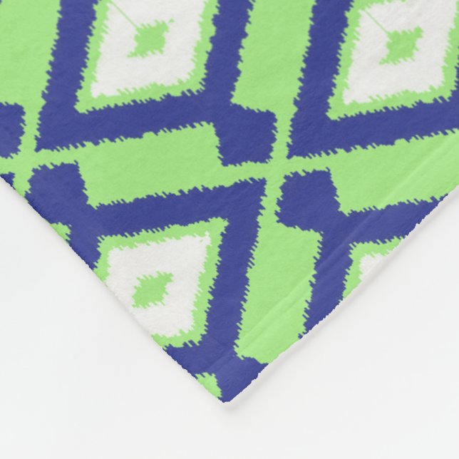 Ikat Pattern - Green, Indigo Blue and White Fleece Blanket (Corner)