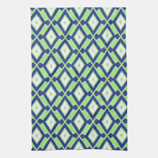 Ikat Pattern - Green, Indigo Blue and White Kitchen Towel (Vertical)