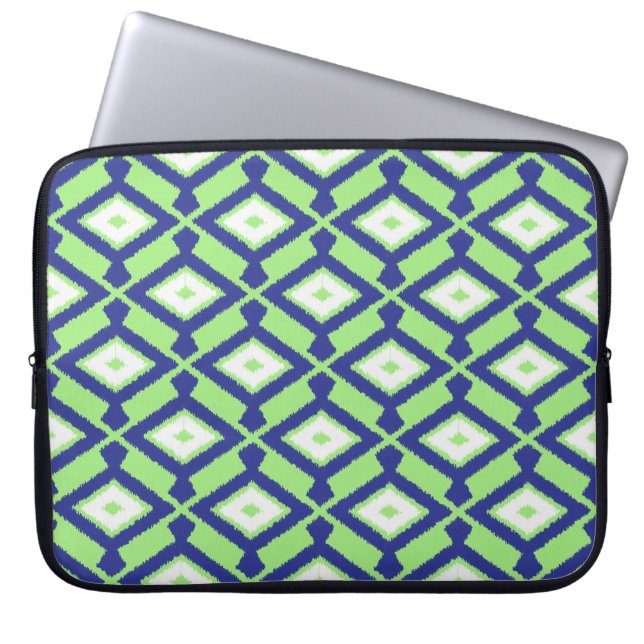 Ikat Pattern - Green, Indigo Blue and White Laptop Sleeve (Front)