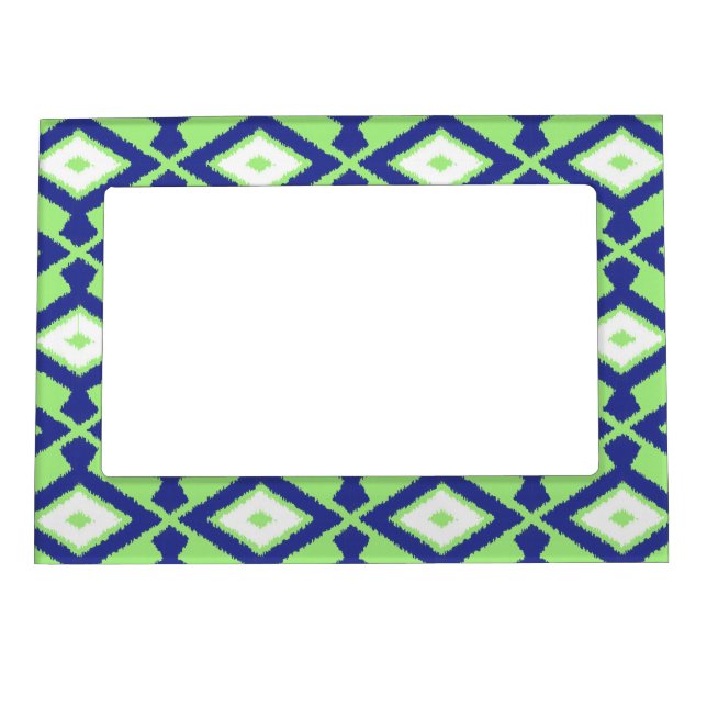 Ikat Pattern - Green, Indigo Blue and White Magnetic Photo Frame (Front)