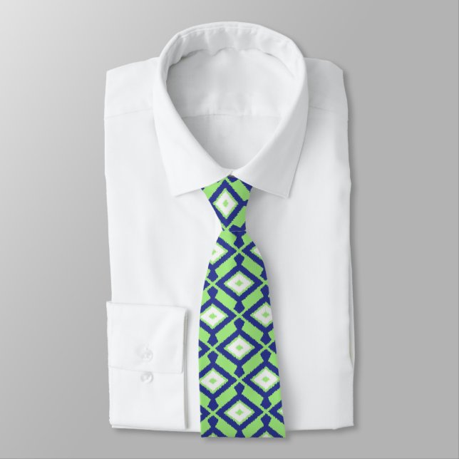 Ikat Pattern - Green, Indigo Blue and White Neck Tie (Tied)