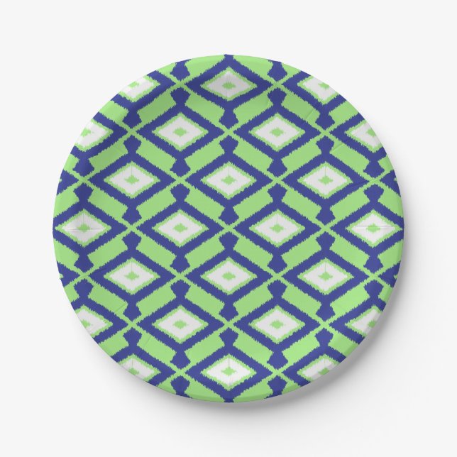 Ikat Pattern - Green, Indigo Blue and White Paper Plates (Front)