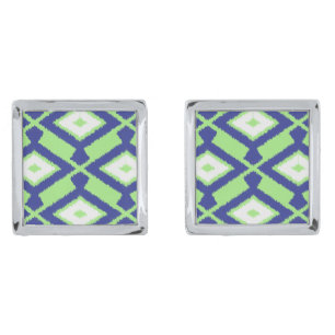 Ikat Pattern - Green, Indigo Blue and White Silver Cufflinks