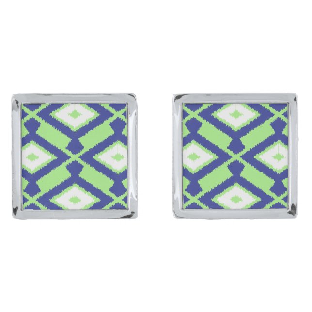 Ikat Pattern - Green, Indigo Blue and White Silver Cufflinks (Front)