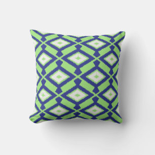 Ikat Pattern - Green, Indigo Blue and White Throw Pillow